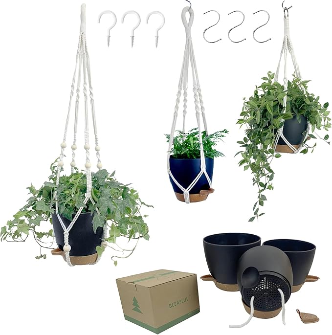 Hanging Planters with Macrame Plant Hangers for Indoor Outdoor Plants, 3 Set Hanging Baskets Flower Pots Holders 35''/27''/21'', Self-Watering Pots 7''/6''/5.5'', Boho Home Decor, Black
