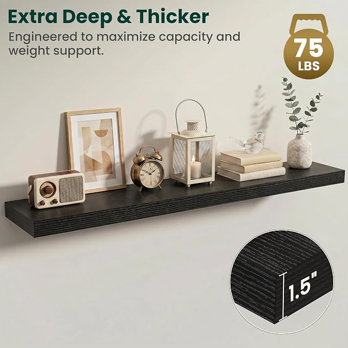 Floating Shelves for Wall 55 in x 9.3 in Deep, Wall Mounted Rustic Wood Shelf with Invisible Brackets for Storage & Display, Living Room Bedroom Bathroom, Black, 1 Pack