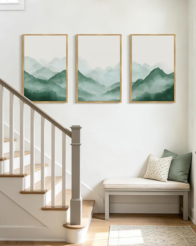 PHOPAGO Green Watercolor Fog Mountains Framed Wall Art Large 16x24in Vintage Nature Landscape Artwork Paints Boho Rustic Scenic Room Decor for Bedroom Hallway - Natural Framed