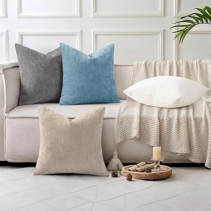 decorUhome Chenille Dark Grey Throw Pillow Covers 24x24 Inch Set of 2, Decorative Soft Couch Pillow Covers Solid Dyed Accent Velvet Farmhouse Neutral Square Pillow Cases for Sofa Bed Living Room