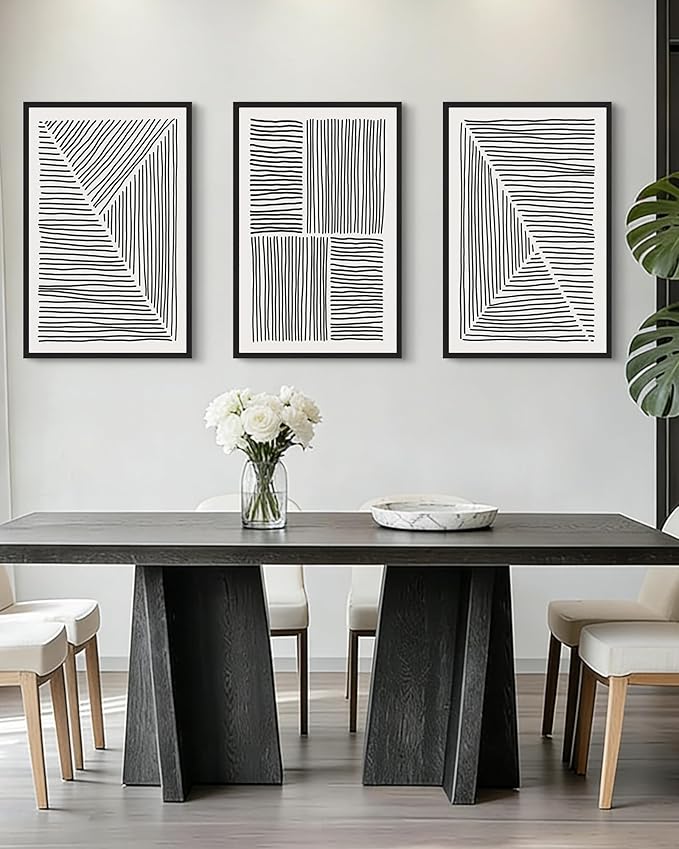 Drsoum Mid-Century Modern Framed Wall Art Large 24x36in Minimalist Abstract Boho Black Line Wall Decor Geometric Artwork Kitchen Dining Room Black Framed