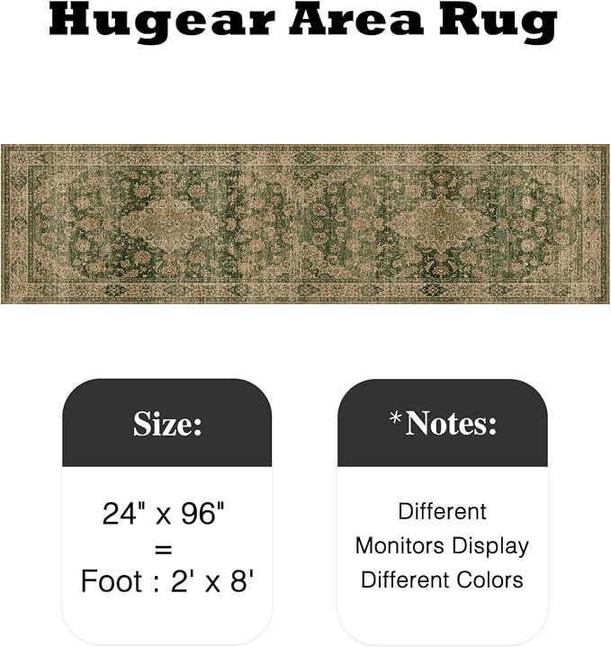 HUGEAR 2x8 Runner Rug Hallway Machine Washable Retro Green Vintage Floral Low Pile Carpet Distressed Long Throw Rug Bedroom Office Bathroom Kitchen Laundry Non Slip Soft Lightweight