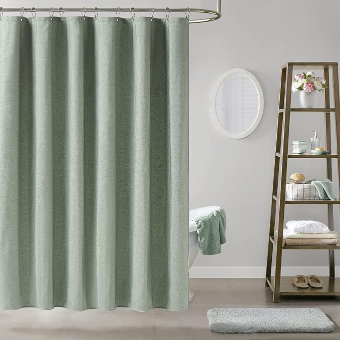 BTTN Stall Fabric Shower Curtain - 60 x 84 Inch Long Linen Textured Heavy Duty Shower Curtain Set with 10 Plastic Hooks, Narrow Decorative Neutral Waterproof Shower Curtains for Bathroom, Sage Green