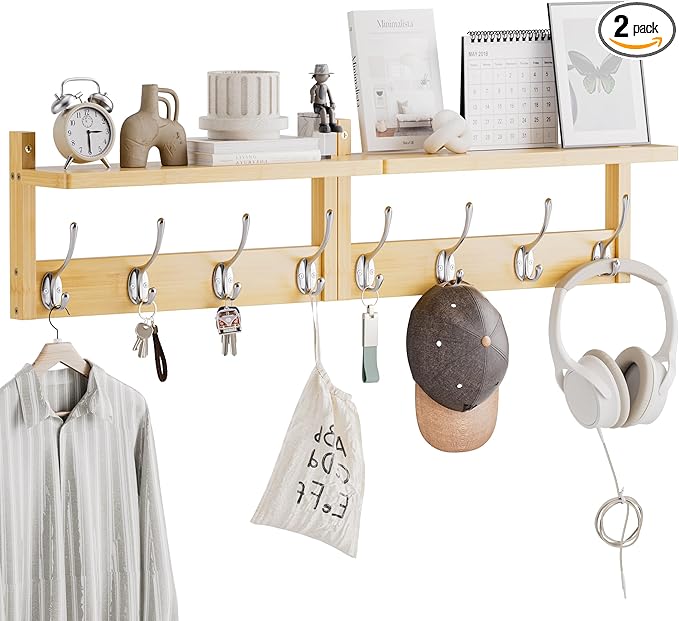 STELLSTAR Coat Rack with Shelf, 2 Pack Bamboo Wall-Mounted Coat Hanger with 8 Hooks for Entryway, Hallway, Kitchen, Bathroom, Living Room, Utility Room (Natural)