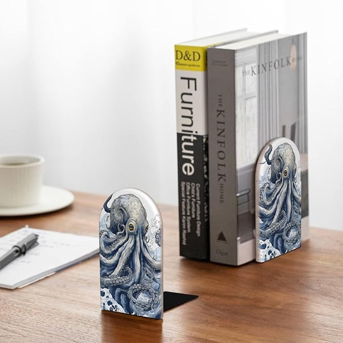 Fantasy Sea World Adventure Kraken Octopus Monster Wood Book Ends for Shelves, Non-Skid Bookends for Office, Library, and Home Decor, 1 Pair