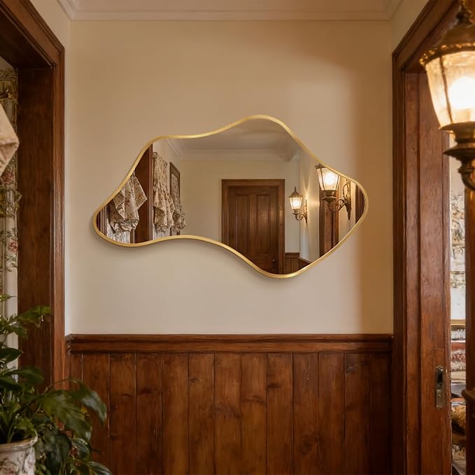 Asymmetrical Wall Mirror, Irregular Shaped Frameless Vanity Mirror, Modern Decorative Mirror for Entryway, Living Room, Bathroom (Gold, 43" L x 26" W)