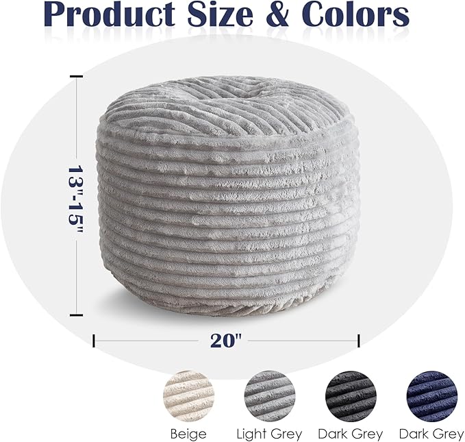 SHOUREN Stuffed Round Pouf Ottoman,Corduroy Foot Rest with Shredded Foam Filling, Lightweight and Fluffy Pouf Storage Ottoman for Living Room,Floor Poufs for Couch,20"x15", Light Grey