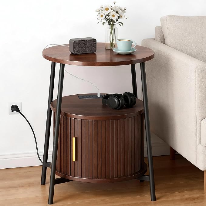 DHH Round End Tables Set of 2 & Charging Station, Fluted Accent Side Table with Sliding Door, Mid-Century Modern Nightstand set of 2 for Small Space Storage, Living Room, Bedroom,Sofa Couch(2, Walnut)