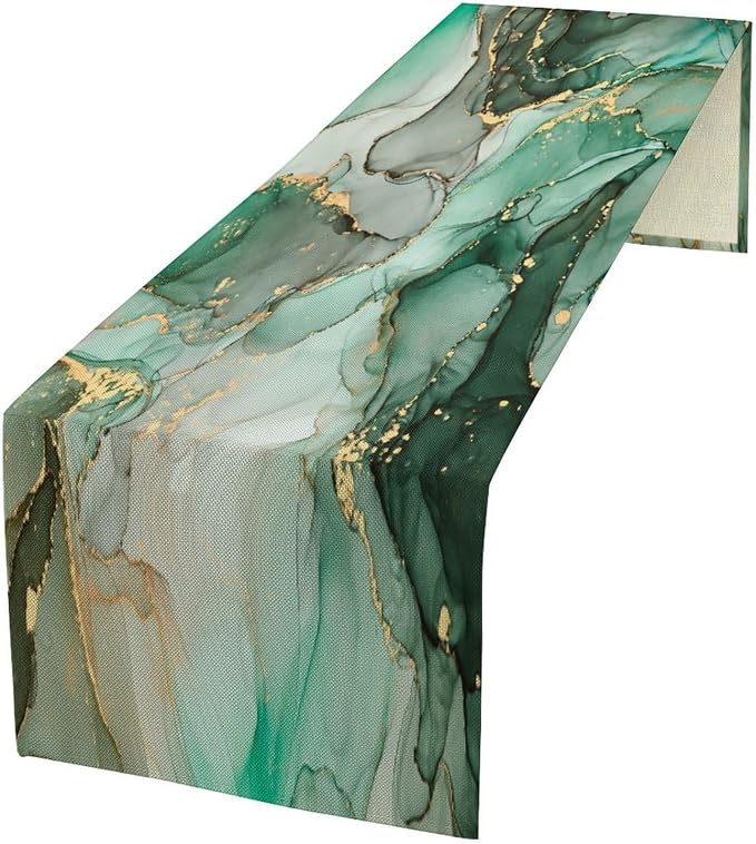 Marble Table Runner,Abstract Green Jade Gold Luxury Flow Liquid Modern Home Vintage Stone Pattern Table Runner for Coffee Table Dining Room Table Bedroom Party Holiday Decor 13x36inch