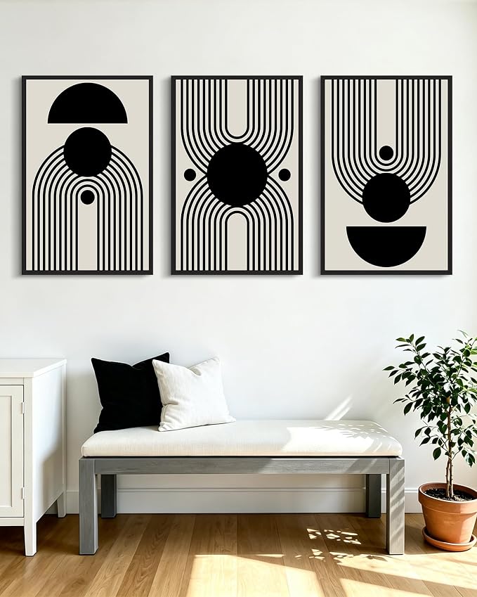KUVIOKE Black Abstract Framed Wall Art Minimalist Geometry Lines Painting Artwork for Living Room Bedroom 24x36in (Black Framed)
