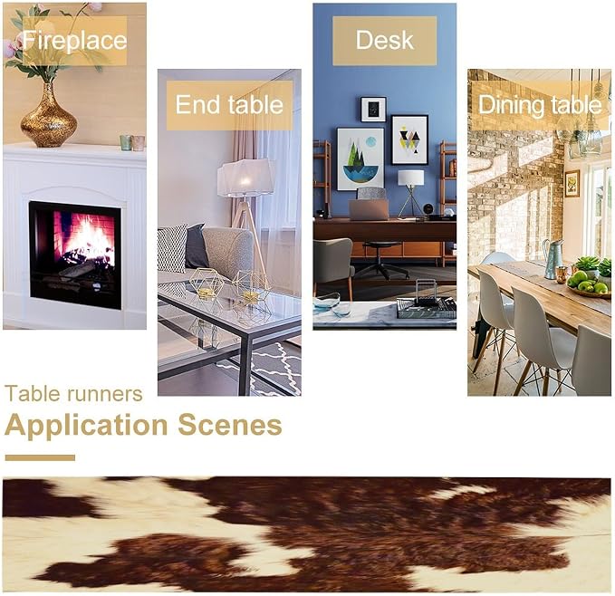 Cow Skin Print Table Runner, Rustic Farmhouse Cottage Animal Fur Skin Western Style Brown Wild 3D Cowhide Print Dinner Runner Table Decoration for Home Kitchen Dining 13x70 Inch