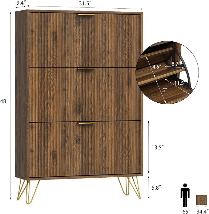Shoe Storage Cabinet with 3 Flip Drawers, 31.5" W Fluted Shoe Cabinet for Entryway, Hidden Shoe Cabinet Storage, Narrow Free Standing Shoe Orgnaizer Rack Cabinet for Foyer Hallway, Natural