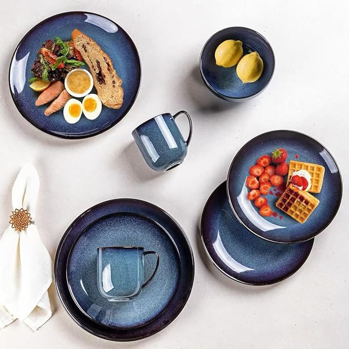 LERATIO Ceramic Dinnerware Sets for 4,16-Piece Reactive Glaze Plates and Bowls Set with Mugs,Highly Chip and Crack Resistant | Dishwasher,Microwave & Oven Safe Dishes set-Blue