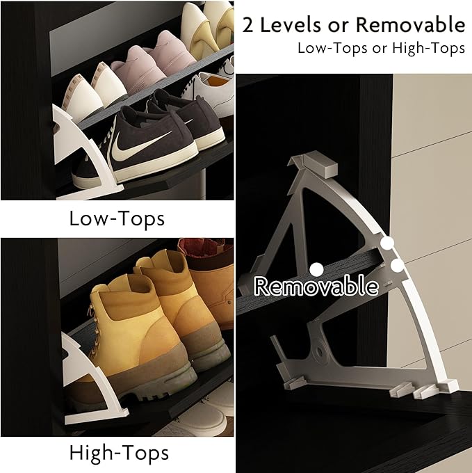 Shoe Organizer Cabinet Storage for Entryway - Slim Rattan Shoe Rack for Front Door Entrance, Narrow Hidden Shoe Cabinet with Flip Drawers, Boho Shoe Holder Cabinet, Two Doors, Black