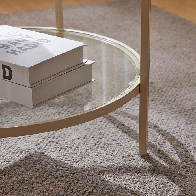 VINGLI Glass Coffee Table, 25.6" Round Coffee Table, Transparent Glass Coffee Tables for Living Room, 2-Tier Coffee Table with Storage, Modern Center Table with a Beige Frame, Mesa de Centro Para Sala