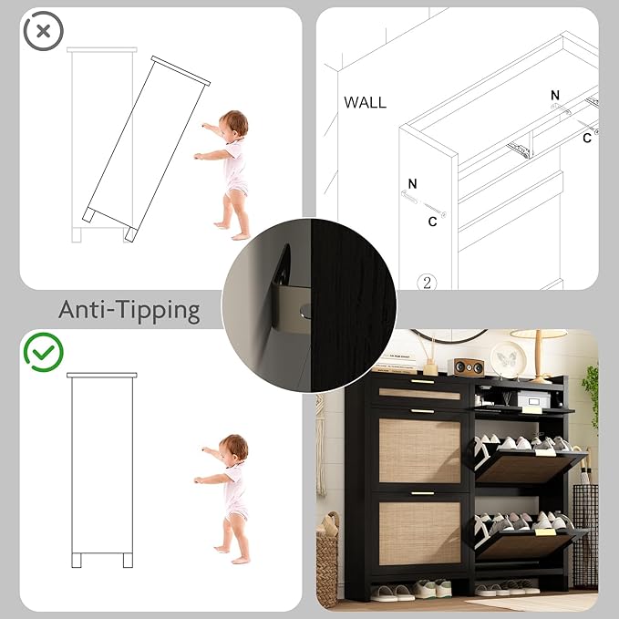Shoe Organizer Cabinet Storage for Entryway - Slim Rattan Shoe Rack for Front Door Entrance, Narrow Hidden Shoe Cabinet with Flip Drawers, Boho Shoe Holder Cabinet, Black