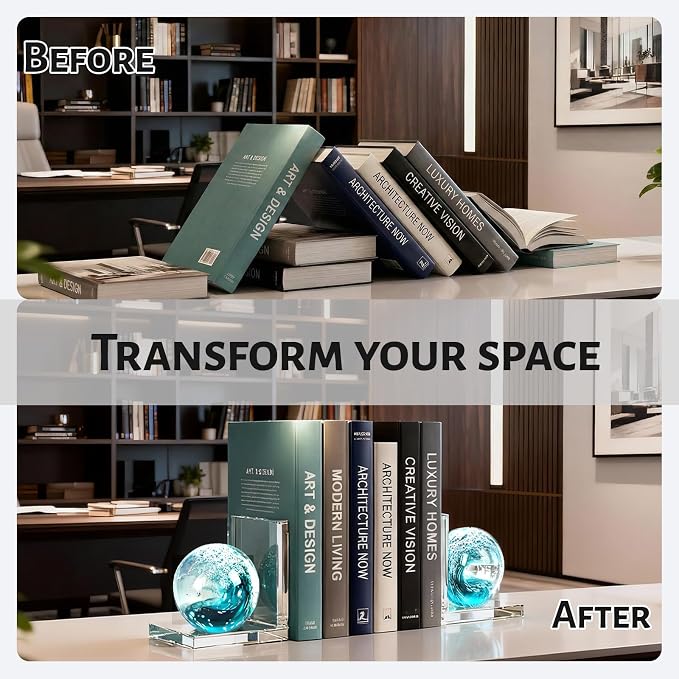 Glass Book Ends Set of 2, L-Shaped Bookends with Sea Wave Ball Design – Non Skid Heavy Duty Decorative Book Stopper for Shelves, Desk, and Home Office