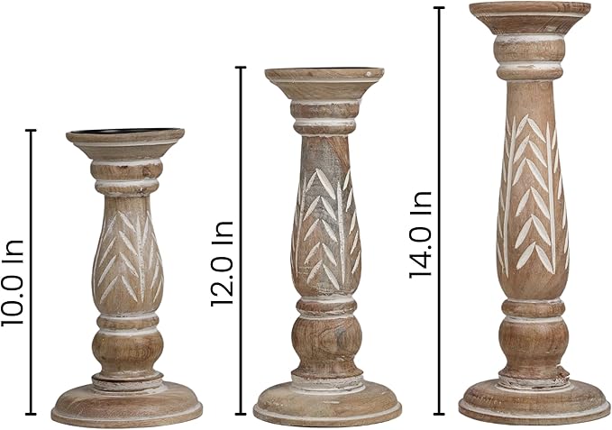 Set of 3 White Wash Farmhouse Wood Pillar Candle Holders - Handcrafted Rustic Tall Candle Holders for Home Decor, Centerpieces, Weddings, and Events - Heights: 14", 12", 10"