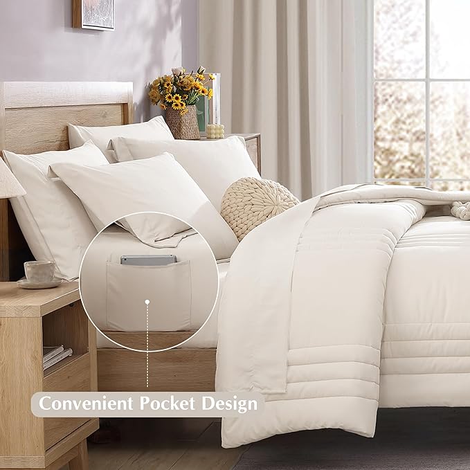 Monbix Full Size Comforter Sets - 7 Pieces White Bed in a Bag Full Size Bedding Sets with Comforters, All Seasons Comforter with Sheets,Pillowcases & Shams