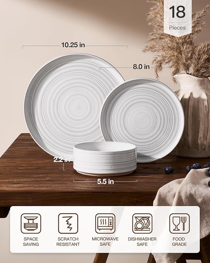 18-Piece Stoneware Dinnerware Set – High Edge Plates & Bowls with Reactive Glaze, Speckles & Spirals, Scratch Resistant Dish, Microwave Dishwasher Safe, Service for 6, Gift Box, White