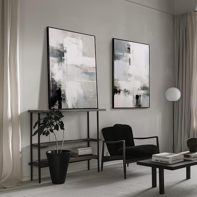 SAFERRYHOME Abstract Wall Art Modern Grey Black Framed Large Canvas Paintings for Living Room Bedroom Office Decor,Ready to Hang, 24x36 Inches, Set of 2
