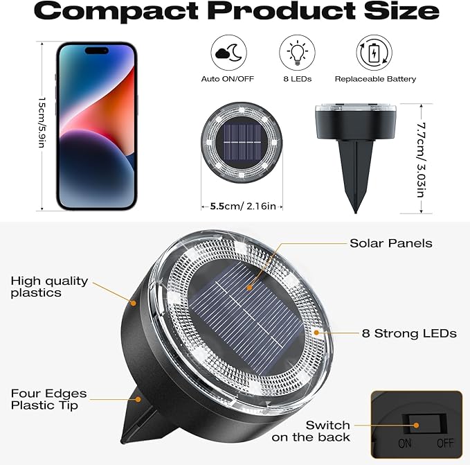 vighep Mini Solar Ground Lights, 12 Pack 2.2 Inch Solar Lights Outdoor Waterproof, Mow‑Over Safe, Upgraded LED Flat Landscape Lighting for Outside Pathway Garden Patio Yard Driveway,Cold White