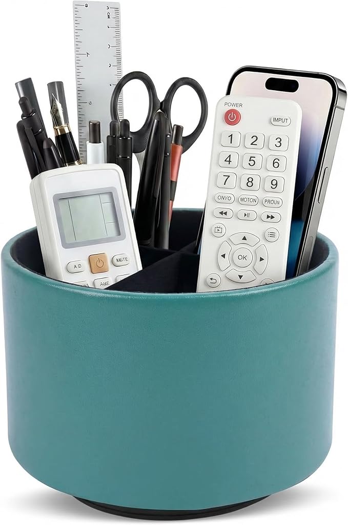 Round Leather Art Supply Organizer,Remote Control Holder,360 Degree Spinning,Multi-Functional Pencil Holder,4 Compartments Desktop Stationary Organizer(1-Sheep Green)