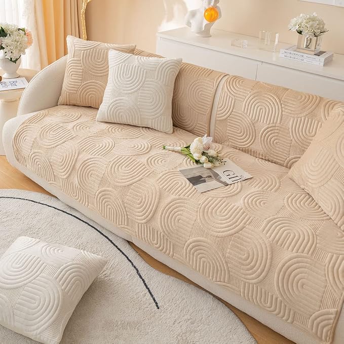 Soft Plush Geometric Quilted Couch Sofa Cover Boho Non Slip Fuzzy Sectional Couch Cover Solid Color Washable Sofa Slipcover Furniture Protector for Kids Dogs Cats (Coffee,28"x59")