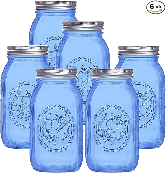 eleganttime Regular Mouth Mason Jars 32 oz,6 Pack Blue Glass Colored Canning Jars with Airtight Lids for Canning,Pickling,Storage,DIY Crafts & Décor