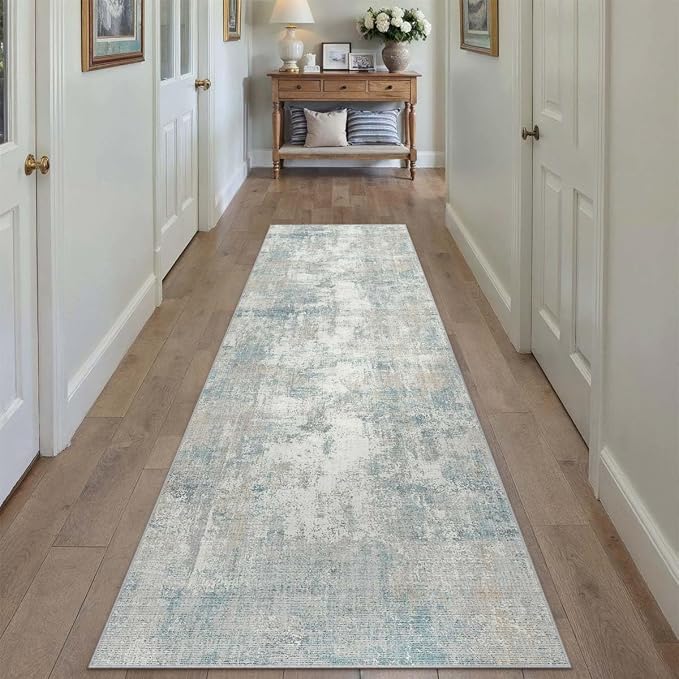 2x7 Washable Runner Rug Blue Cream Abstract Non Slip Soft Low Pile Hallway Kitchen Rug Neutral Modern Carpet for Laundry Bathroom Bedroom Living Room Home Decor