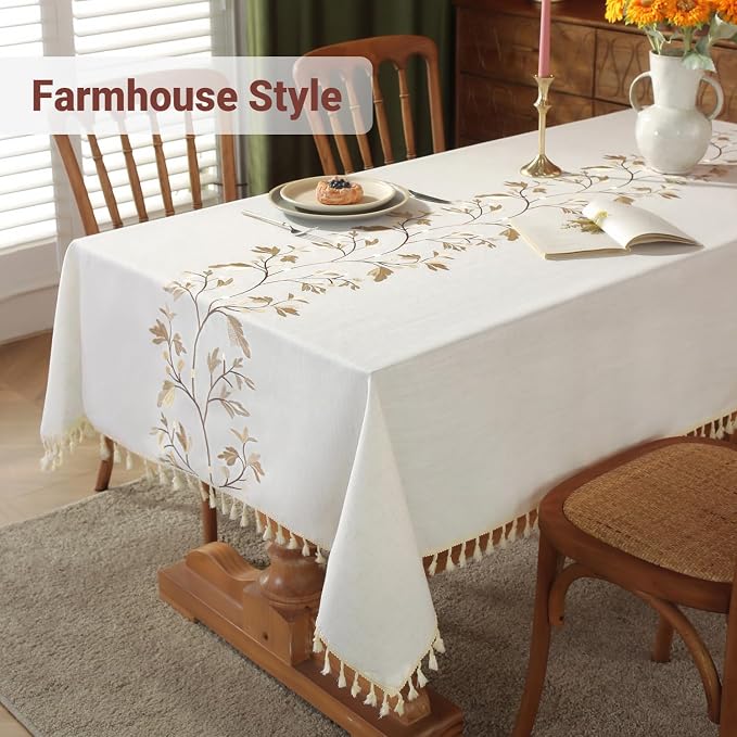 Laolitou Cotton Linen Waterproof Tablecloth for Dining Table Farmhouse Kitchen Rectangle Table Cloth Coffee Wrinkle Free Tables Cover, Beige, Coffee Flower, 55x102 Inch