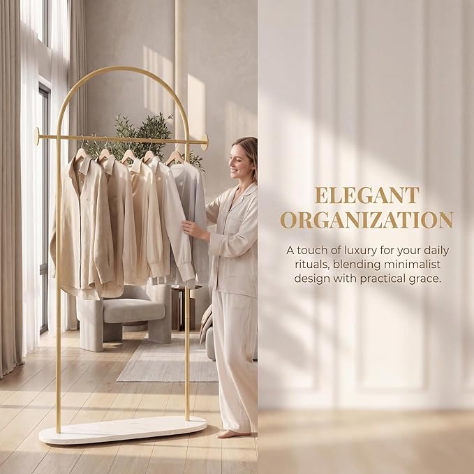 Gold Clothing Rack with Marble Base, Modern Gold Coat Racks Freestanding with 2 Hooks, Heavy Duty Clothes Rack, Coat Rack Stand for Entryway, Bedroom, Living Room, Boutiques
