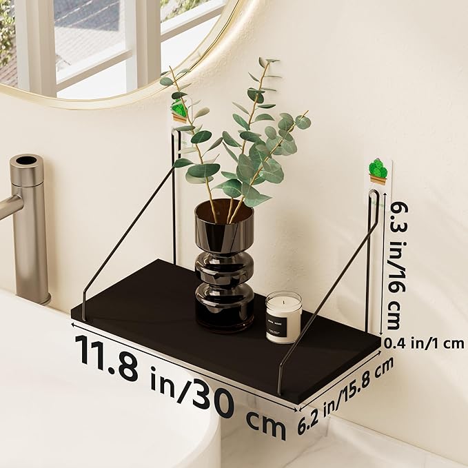 QsQueen Elevate Your Space with Rustic Wood Floating Shelves Set of 3- Perfect for Bedroom, Living Room, Bathroom, and Kitchen Decor - Easy Installation, No Drilling Needed! Black