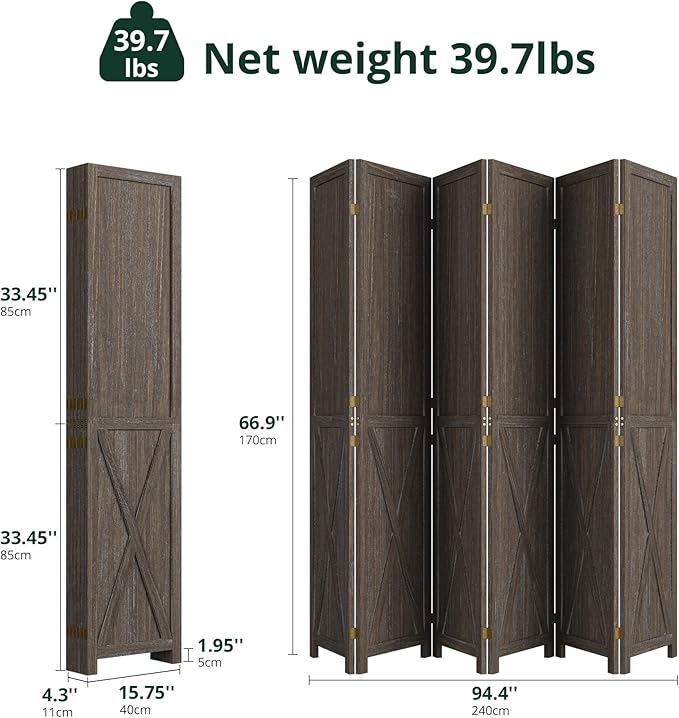 Cozy Castle 6 Panel Folding Room Divider, Solid Wood Privacy Screen, Freestanding Partition Wall, Temporary Wall for Home/Office/Bedroom/Restaurant, Rustic Brown