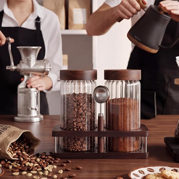 Suclain Glass Coffee Grounds Container with Shelf 2 x 44 oz Glass Coffee Bean Storage Canisters with Airtight Thread Lid and Measuring Spoon for Kitchen Sugar(Striped Style, Wood)