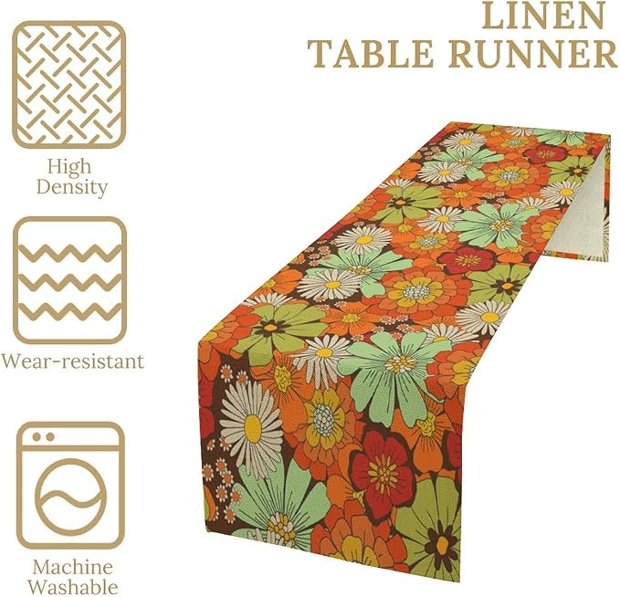 Retro Floral Table Runner Vintage Boho Groovy Hippie Flowers Dinner Runner for Home Kitchen Dining Table Holiday Party Decor 13"x108"