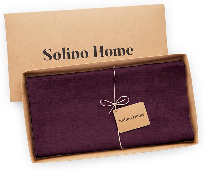 Solino Home Linen Tablecloth 52 x 52 Inch - 100% Pure Linen Square Table Throw - Athena, Machine Washable Chambray Burgundy Tablecloth