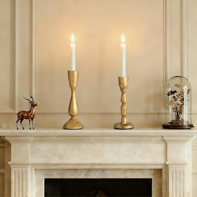 Antique Brass Taper Candle Holders Set of 2 Vintage Iron Gold Candlestick Holder for Centerpiece Farmhouse Decorative Candlesticks for Wedding Christmas Mantel Dining Table Home Decor