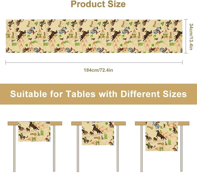 Western Table Runner, Cartoon Cowboy Horse Desert Adventure Rodeo Fun Table Runner for Kitchen Dining Party Picnic Decor, 13x108 Inch