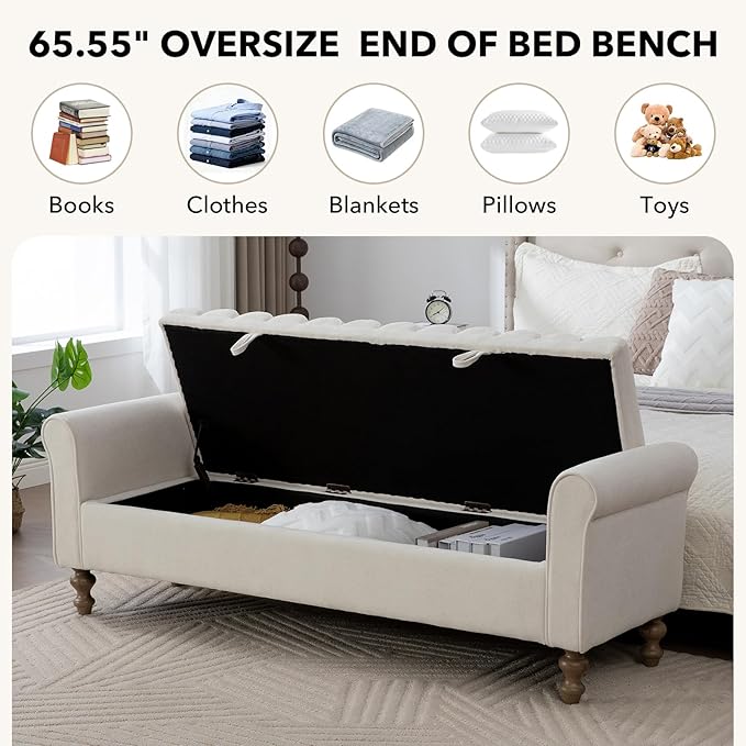 65.55" Oversize Storage Ottoman Bench, Fleece Upholstered End of Bed Benches with Rolled Armrest, Modern King Size Benches with Rolled Armrest, Window Bench (Beige+Single-Cover)