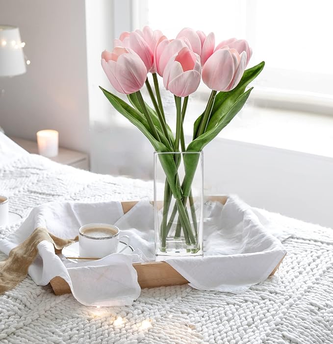 Briful Fake Flowers Artificial Tulip Flower Pink in Clear Vase, Real Touch Foam Tulip Arrangement Suitable for Home Office Decoration, Dining Table Centerpiece