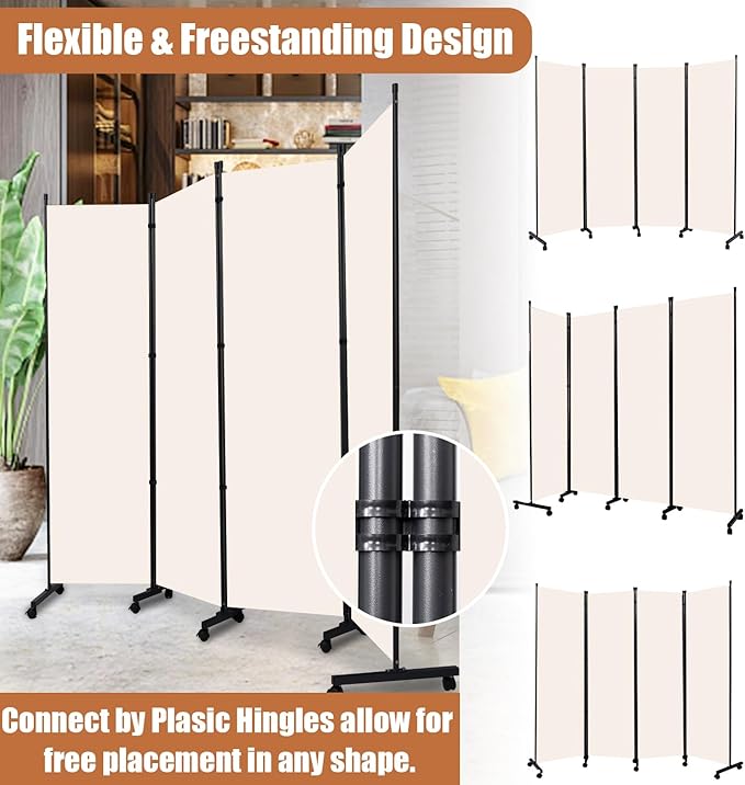 Room Divider Portable 88'' Partition Room Dividers/Wheel, 4 Panel Wall Divider for Room Partition, Freestanding Fabric Room Divider Panel Screen, Space Separation Separator for Home Office Privacy