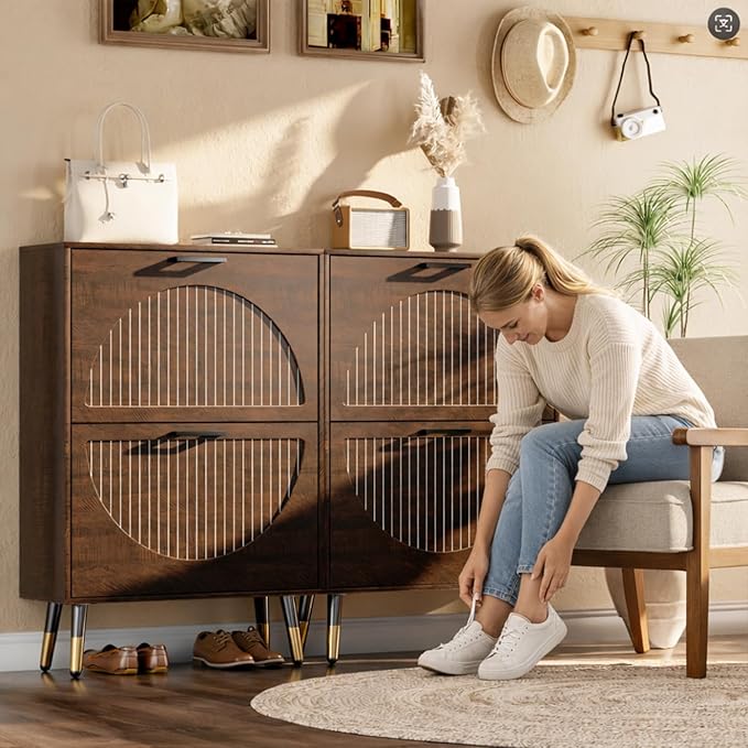 Farmhouse Shoe Cabinet Storage for Entryway, Slim Shoe Rack Cabinet with 2 Flip Drawers, Narrow Shoe Organizer Cabinet with Stylish Round Panel, Metal Leg and Handle