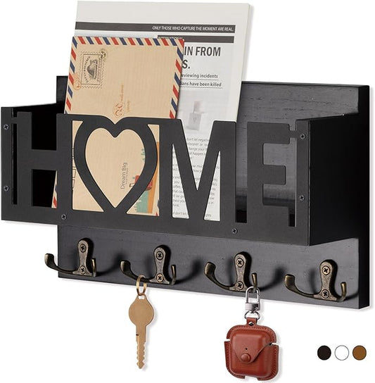 Wall Mount Mail and Key Holder, Wooden Mail Organizer with 4 Double Hooks, Black Metal Letters, Farmhouse Home Decor, Entryway Storage, 10.8 x 3.3 x 6.2 Inches