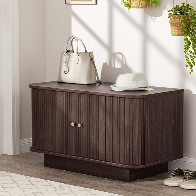 AKMAKM 31.5" W Sliding Door Shoe Storage Bench, Small Entryway Shoe Cabinet with Adjustable Shelf, Space-Saving Wooden Low Cabinet for Hallway, Living Room, Apartment, Dorm, Walnut