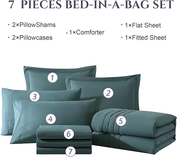 Monbix Full Size Comforter Sets - 7 Pieces Blue Green Bed in a Bag Full Size Bedding Sets with Comforters, All Seasons Comforter with Sheets, Pillowcases & Shams