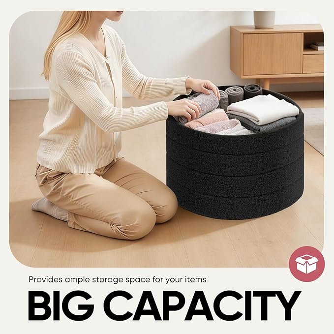 22" Round Storage Ottoman,Boucle Sherpa Ottoman with Tray, Faux Teddy Foot Rest Coffee Table for Bedroom Dorm Living Room,Dark Grey