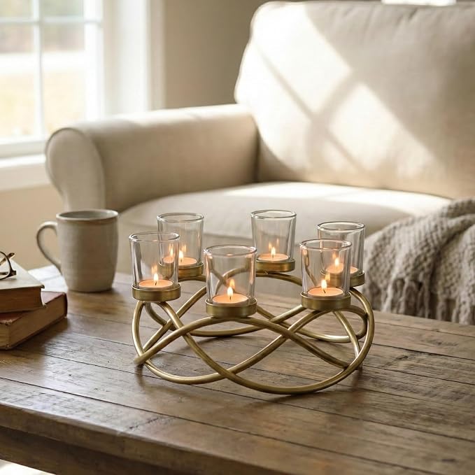 Seraphic Centerpieces for Table Decor, Tealight Candle Holder, Gold/Clear | Wedding Event & Ramadan Decor, Round Patio Umbrella Centerpiece, Wrought Iron 6 Votive Holders, Dining, 10.5in Round