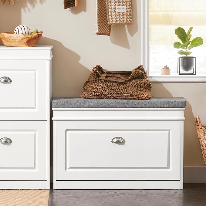 SoBuy Small Shoe Storage Bench, Narrow Shoe Cabinet for Entryway, Shoe Rack with Cushion&2 Tiers Flip-Drawer, Closet Hallway Mudroom White FSR82-L-W