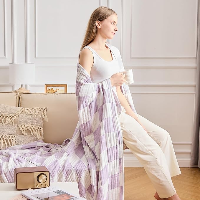 EMME Cooling Muslin Twin XL Blanket - Checkered Lightweight Summer Cotton Blankets of Rayon Derived from Bamboo for Hot Sleepers, Soft Breathable All Season Gauze